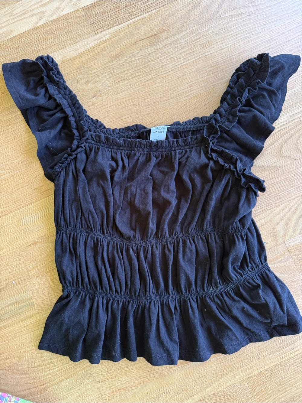 Melrose and Market Black Smocked Ruffle Crop Top